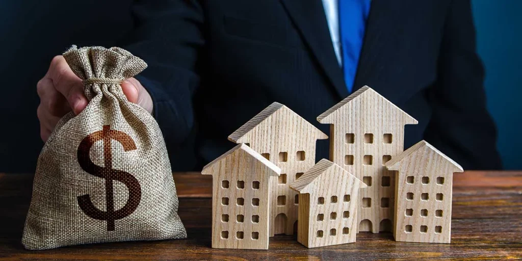 mockup of properties and a money bag