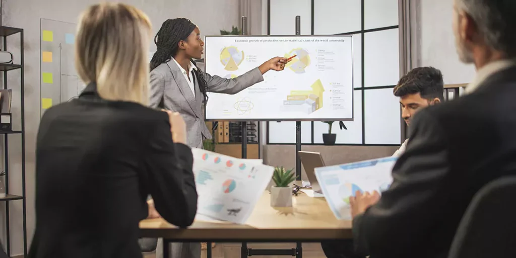 restaurant manager presenting sales report